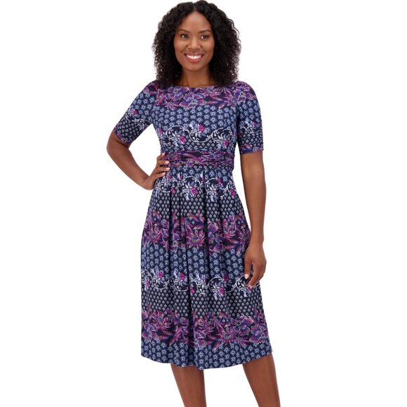 Jessica Howard Women’s Printed Ruched-Sleeve Midi Dress – NWT – Size 16 - Picture 1 of 4